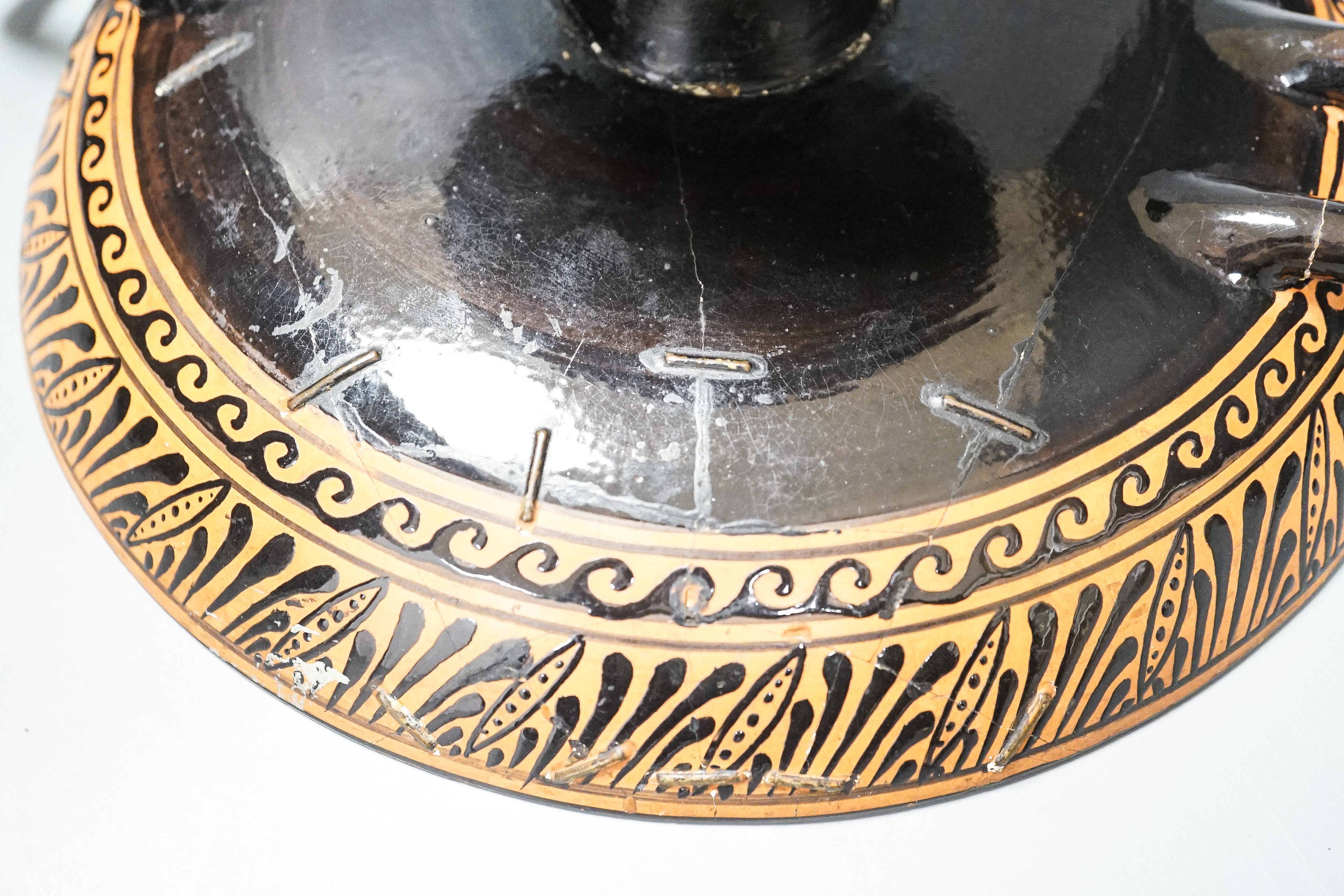 A Greek attic style kylix, a 19th century reproduction, 28cm, repairs